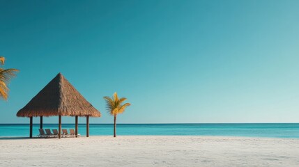 Fototapeta premium Idyllic Beach Scene with Thatched Roof Pavilion Surrounded by Clear Blue Sea and Tranquil White Sand Under a Bright Sky