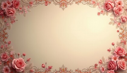 Elegant Floral Frame: Delicate Pink Roses and Intricate Ornate Design, Perfect for Wedding Invitations, Romantic Decor, or Elegant Backgrounds