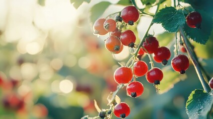 Obraz premium Vibrant Red Berries on Lush Green Vines Glowing in Soft Sunlight, Highlighting a Fresh Harvest for Nutritious Eating