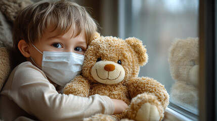 Little child wearing mask with teddy bear close-up	