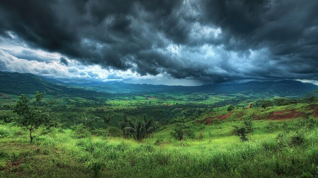 Dramatic storm clouds gather above a lush green valley, casting shadows over rolling hills and distant mountains under a moody sky.