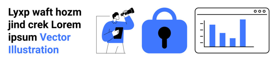 Man holding a clipboard and looking through telescope, secure lock, and bar chart in web browser. Ideal for business analytics, cybersecurity, data protection, market analysis, financial reports