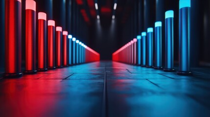 Futuristic Corridor with Red and Blue Light Tubes Creating a Stunning Visual Effect in a Dark Space, Perfect for Technology and Sci-Fi Themes