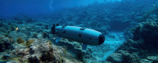 Autonomous underwater drone exploring ocean depths, assisting in naval engineering tasks. This advanced technology enhances underwater research and monitoring