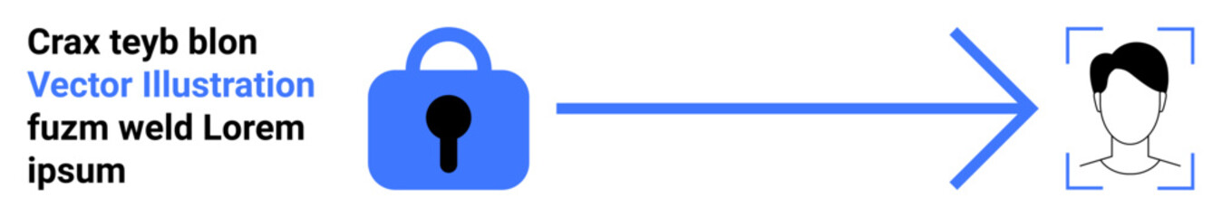 Blue padlock with keyhole links via arrow to a black and white facial recognition icon. Ideal for digital security, privacy, ID verification, AI, technology, secure access, authentication. Banner