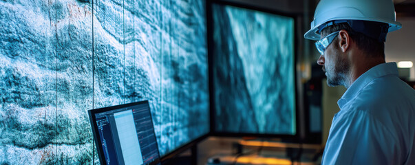 Innovative engineers analyzing geothermal technology data on large screens. focus is on advanced solutions for energy efficiency and sustainability