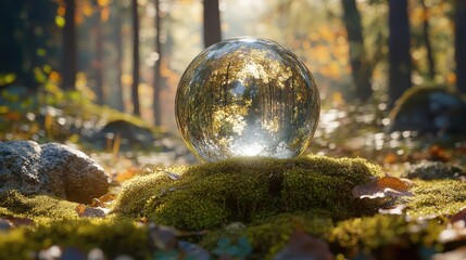 Crystal globe reflecting autumn foliage, nestled in vibrant green moss, surrounded by dappled sunlight in a serene forest environment.