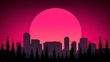 Obraz premium A Vibrant Sunset Over a Silhouette Cityscape with Tall Buildings and Pine Trees Framing a Beautiful Pink Sun in a Gradient Sky