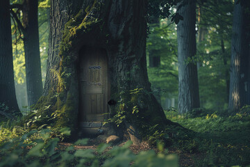 Fantastically door in wild forest leading to deep unknown