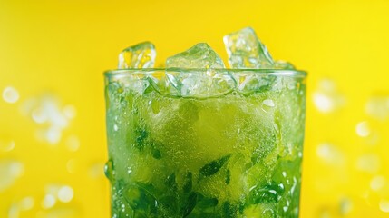 Refreshing green smoothie served in a glass filled with ice, featuring vibrant colors against a bright yellow background, perfect for a detox boost.