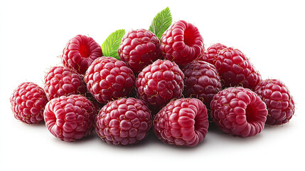 Bright and juicy red raspberries piled high with vibrant green leaves on a white background 