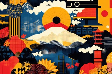 japanese pop art, vibrant japanese pop art featuring bold geometric patterns and vivid colors on a festive clear backdrop