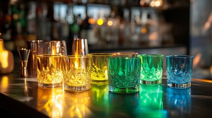 Colorful cocktail glasses display trendy bar beverage photography evening atmosphere close-up view vibrant aesthetics