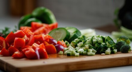 Freshly chopped vegetables on wooden cutting board for healthy meal preparation