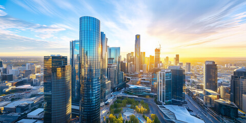 Obraz premium Modern Skyline with High-Rise Office Buildings under Blue Sky