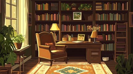 Cozy reading nook setup home office interior design warm ambiance home environment serenity concept