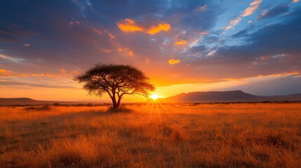 Fototapeta premium Majestic Wide Open Savannah at Sunrise with Acacia Trees Illuminated by Vibrant Orange and Blue Skies