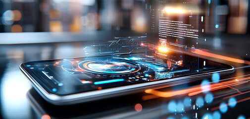 Innovative technology event mobile application registration digital profile management modern office environment futuristic viewpoint