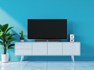 Modern living room interior with a flat screen television on a white media console against a bright blue wall