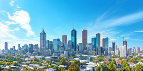 Naklejka premium Modern Skyline with High-Rise Office Buildings under Blue Sky