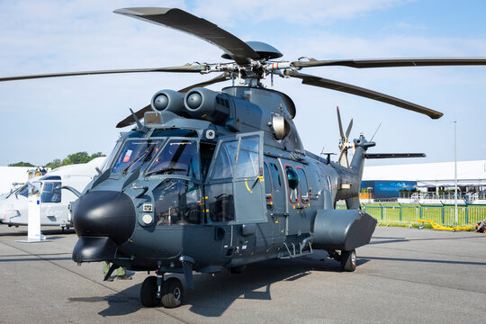 Berlin, Germany - June 7, 2024: Brand new Airbus H225M helicopter of the hungarian armed forces. Hungary Air Force.