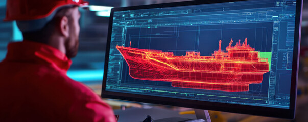 engineer using advanced simulation software to design ship, showcasing detailed 3D model on computer screen. environment is industrial and high tech
