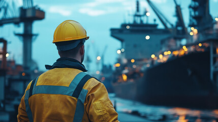 worker in yellow safety jacket and helmet observes busy port at dusk, showcasing advanced naval technology and operations