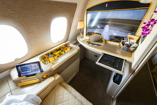 Comfortable airplane seat in First Class of Emirates Airbus A380