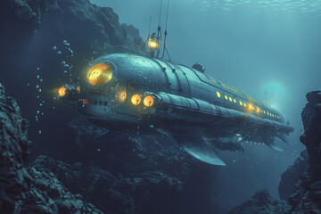 Beautiful large bathyscaphe floating in middle of ocean during exploration