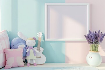 A pink and blue bedroom with a white frame mockup. doll. ukulele. and lavender in a vase
