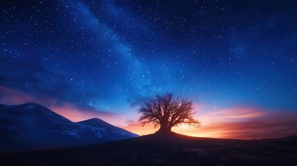 Breathtaking View of an Ancient Bristlecone Pine Tree Under a Starry Sky in a Majestic Forest at Dusk with Vibrant Colors and Scenic Mountains in the Background