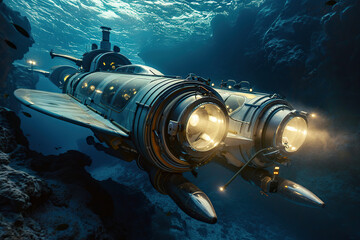 Beautiful large bathyscaphe floating in middle of ocean during exploration