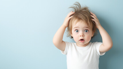 Naklejka premium Surprised baby with messy hair holding head in studio portrait, showing astonishment against a blue backdrop