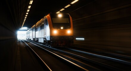 Fototapeta premium Speeding train emerging dark tunnel