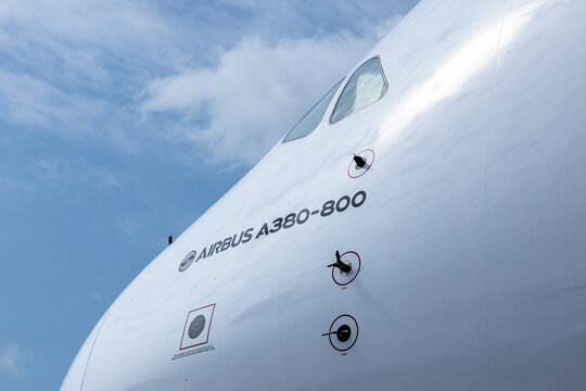 Berlin, Germany - June 6 2024: Airbus A380 nose cockpit section closeup. Widebody aircraft with sensors and pitot tube on the fuselage.
