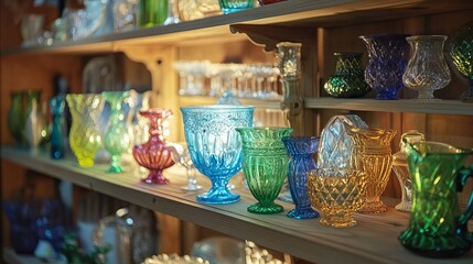 Colorful vintage glassware display antique shop photography indoor close-up home decor inspiration