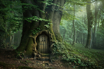 Naklejka premium Fantastically door in wild forest leading to deep unknown