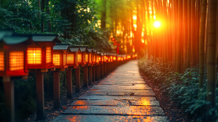 Serene sunrise pathway through bamboo forest with glowing lanterns