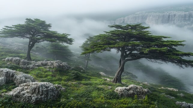 Misty cedar forest showcasing rare Cedrus libani trees enveloped in fog with dramatic mountainous backdrop and lush green terrain.