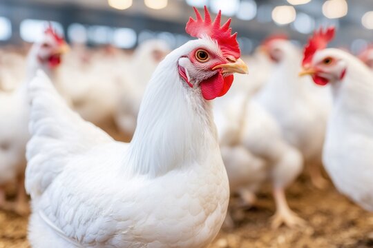 A close-up of a white chicken in a well-lit poultry farm, surrounded by other chickens, showcasing the vibrant red comb and a clean environment.