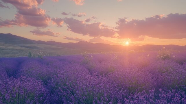 Lavender fields under a picturesque sunset, showcasing vibrant purple blooms against a backdrop of rolling hills and soft clouds.