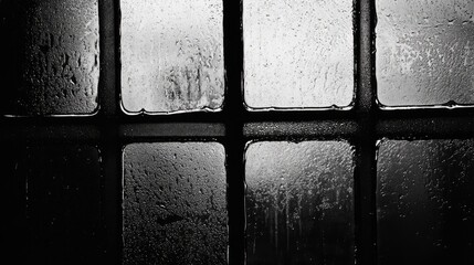 Condensed black and white glass window pane with textured water droplets creating a moody atmosphere against a blurred backdrop.