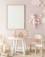 A pink room with a white frame on the wall above a round table and two chairs with a teddy bear on the floor