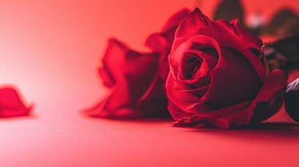 Fototapeta premium Monochromatic arrangement of red rose buds and petals on a soft pink backdrop, creating a serene mood with ample copy space for text.