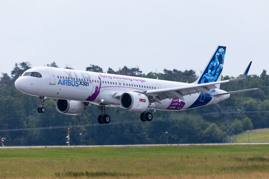 Landing of Airbus A321neo XLR prototype test aircraft after flying display at ILA Berlin aviation exhibition