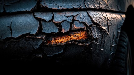 Close-up of a damaged vehicle showcasing rust and cracked gray paint on the front fender, emphasizing prominent scratches and deteriorated surface texture.