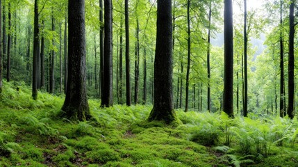 Fototapeta premium Enchanting Ancient Forest with Towering Giant Trees, Lush Greenery, and Dappled Sunlight, Perfect for Nature Lovers and Outdoor Enthusiasts