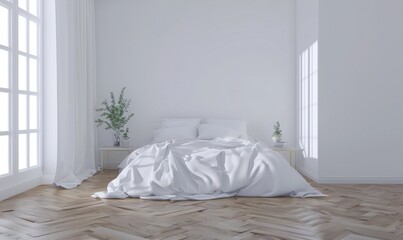 Minimalist bedroom with a white bed, wooden floor, and a window with sunlight streaming in
