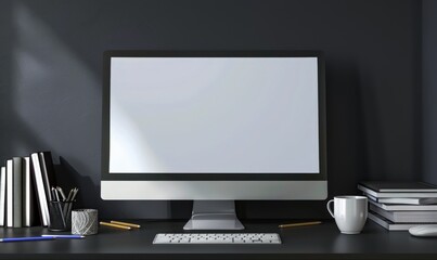 A minimalist home office workspace with a computer monitor, keyboard, mouse, pencils, books, a coffee cup, and a lamp. The monitor has a blank screen, perfect for mockups