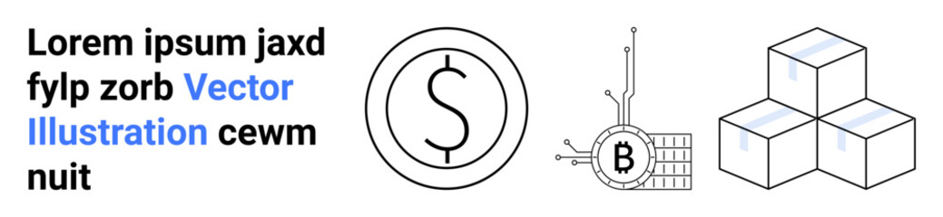Large dollar sign inside a circle, a circuit board with Bitcoin symbol, and three stacked cubes. Ideal for financial technology, cryptocurrency, blockchain, data storage, banking, digital